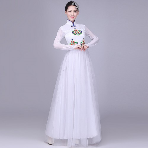 Chinese Traditional Women white long length Dress Chinese Fairy folk Dress Clothing fan dance Dynasty 